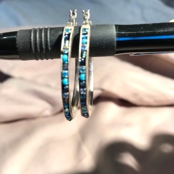 Blue Stone Hoop Earrings - Picture 2 of 6